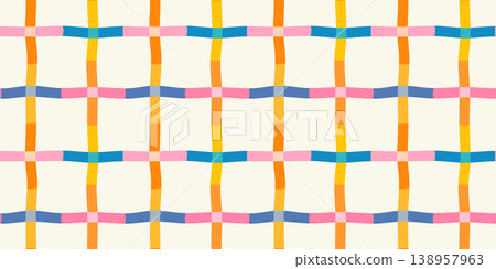 Colorful wavy grid gingham vector seamless pattern, fun summer checkered background for baby and children designs Colorful wavy grid gingham vector seamless pattern, fun summer checkered background for baby and children designs 138957963