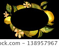 Oval frame of lemons, leaves, and flowers. Watercolor illustration isolated on black background 138957967
