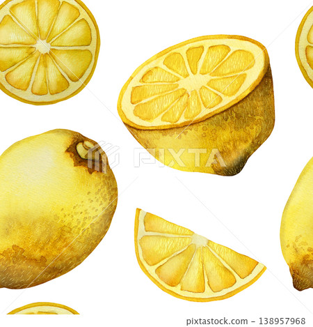 Lemon halves and slices. Seamless pattern watercolor illustration isolated on a white background Lemon halves and slices. Seamless pattern watercolor illustration isolated on a white background 138957968