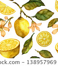 Lemons, flowers, and leaves. Seamless pattern watercolor illustration isolated on a white background 138957969