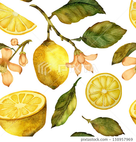 Lemons, flowers, and leaves. Seamless pattern watercolor illustration isolated on a white background Lemons, flowers, and leaves. Seamless pattern watercolor illustration isolated on a white background 138957969