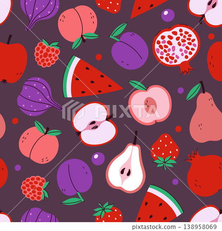 Seamless pattern with various fruits and berries. Vector graphics. Seamless pattern with various fruits and berries. Vector graphics. 138958069