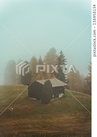 Wooden hut in misty landscape on autumn hill with pine trees Wooden hut in misty landscape on autumn hill with pine trees 138958134