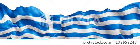 Greece flag presented as cut out footer on clear background. The design shows blue and white stripes with a symbol. This represents national identity clearly 138958243
