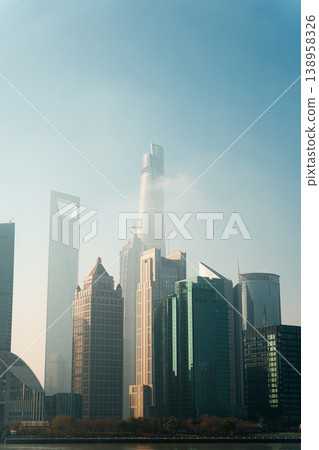 Shanghai skyline with iconic skyscraper building in morning mist Shanghai skyline with iconic skyscraper building in morning mist 138958326