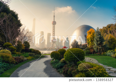 Shanghai skyline view with Oriental Pearl Tower from North Bund Green Land in China Shanghai skyline view with Oriental Pearl Tower from North Bund Green Land in China 138958327