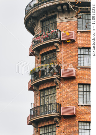 Historic Wukang Mansion brick facade and flower balcony in Shanghai 138958358