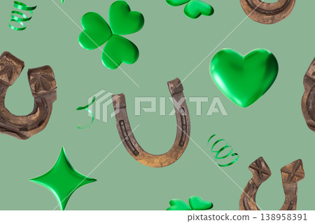 The seamless pattern features various symbols of good luck like horseshoes, hearts, and clovers scattered on a smooth light green background. Each element adds to a cheerful vibe The seamless pattern features various symbols of good luck like horseshoes, hearts, and clovers scattered on a smooth light green background. Each element adds to a cheerful vibe 138958391