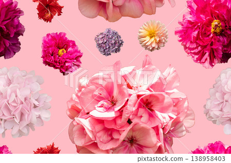 This seamless pattern shows a mix of different flowers like peonies and hydrangeas scattered across a pink background. The design is suitable for crafts or clothing This seamless pattern shows a mix of different flowers like peonies and hydrangeas scattered across a pink background. The design is suitable for crafts or clothing 138958403