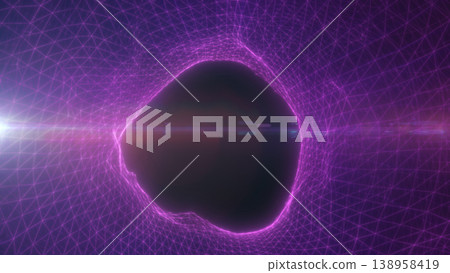 Glowing purple vortex portal with strong lens flare and wireframe grid, abstract cyber energy background with dark void center 138958419
