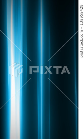 Vertical cyan neon light beams on dark futuristic background with glowing streaks and soft haze 138958429