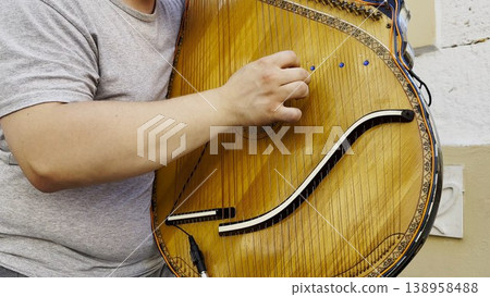 Male fingers of musician playing the bandura on a sunny summer day. Sunlight falls on the strings and wood surface, creating a warm and lively scene of outdoor music and authentic street performance Male fingers of musician playing the bandura on a sunny summer day. Sunlight falls on the strings and wood surface, creating a warm and lively scene of outdoor music and authentic street performance 138958488