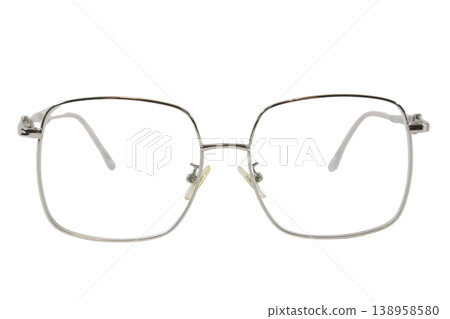 Stylish silver metal square eyeglasses frame on transparent background. 138958580