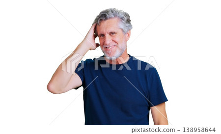 Mature man scratching head smiling concept Mature man scratching head smiling concept 138958644