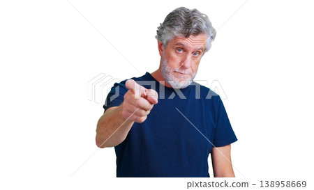 Serious senior man pointing finger in accusation gesture Serious senior man pointing finger in accusation gesture 138958669