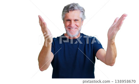 Senior man smiling widely and applauding with hands up Senior man smiling widely and applauding with hands up 138958670