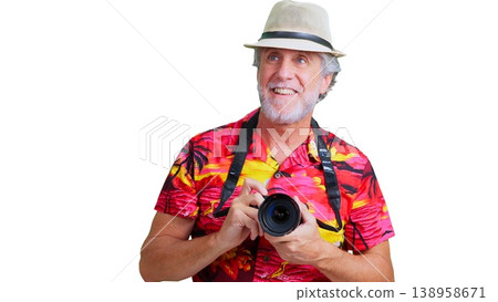 Senior tourist man holding camera enjoying travel hobby Senior tourist man holding camera enjoying travel hobby 138958671