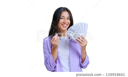 Happy woman holding dollars cash money and smiling Happy woman holding dollars cash money and smiling 138958681