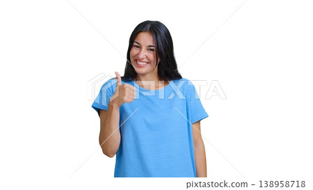 Woman giving thumbs up showing agreement with smile Woman giving thumbs up showing agreement with smile 138958718