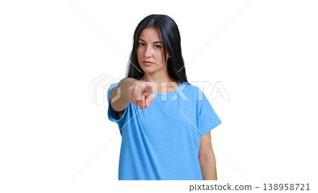 Young woman blaming pointing finger choosing person 138958721