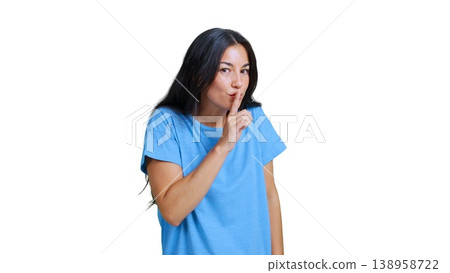 Woman making silent gesture keeping secret on transparent background Woman making silent gesture keeping secret on transparent background 138958722