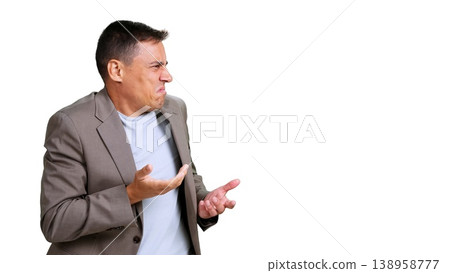 Man gesturing with hands, feeling disgust and rejection 138958777