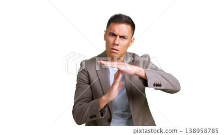 Businessman showing timeout gesture calling for a break Businessman showing timeout gesture calling for a break 138958785