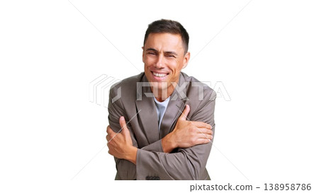 Smiling man hugging himself feeling comfort and happiness Smiling man hugging himself feeling comfort and happiness 138958786