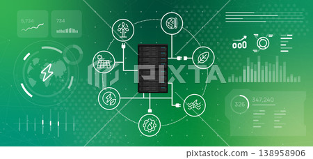 AI data center power server rack with green energy sources and ecological monitoring representing sustainable computing environmental impact and eco friendly hosting technology 138958906