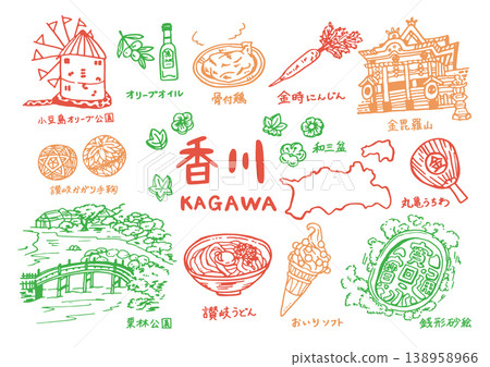 Cute and relaxed illustration set of Shikoku (Kagawa Prefecture) - line art Cute and relaxed illustration set of Shikoku (Kagawa Prefecture) - line art 138958966