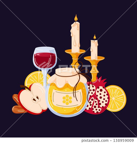 Rosh Hashanah holiday celebration food and candle composition. Jewish New Year concept. Illustration for greeting card, banner, poster in cartoon style. Rosh Hashanah holiday celebration food and candle composition. Jewish New Year concept. Illustration for greeting card, banner, poster in cartoon style. 138959009