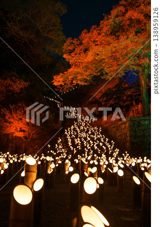Autumn leaves illuminated by lights and bamboo lanterns Autumn leaves illuminated by lights and bamboo lanterns 138959126