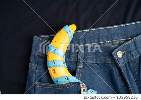 Banana with measuring tape on jean trousers, penis health. Banana with measuring tape on jean trousers, penis health. 138959210