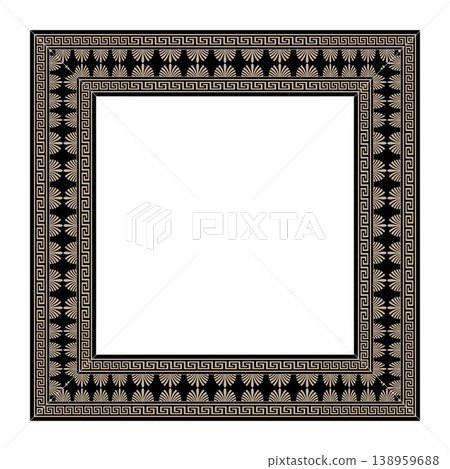 Gold black square frame with ornate Greek pattern. Border, frame of the Roman Empire. European ornament. Mediterranean pattern. Ancient Greece, Roman Empire. Byzantine painting of wall, floor, ceiling Gold black square frame with ornate Greek pattern. Border, frame of the Roman Empire. European ornament. Mediterranean pattern. Ancient Greece, Roman Empire. Byzantine painting of wall, floor, ceiling 138959688
