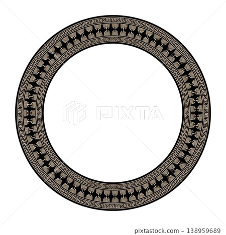 Vector gold round classic greek meander ornament. Pattern of ancient Greece. Round frame with ethnic ornament. Border, frame of the Roman Empire. European ornament. Border frame Ancient Greece, Roman Vector gold round classic greek meander ornament. Pattern of ancient Greece. Round frame with ethnic ornament. Border, frame of the Roman Empire. European ornament. Border frame Ancient Greece, Roman 138959689