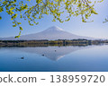 (Shizuoka Prefecture) Water birds frolic on the calm surface of a lake where the inverted reflection of Mount Fuji is visible. 138959720