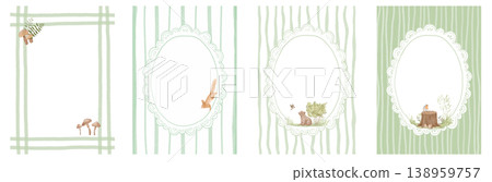 Watercolour frames set with forest animals squirrel, baby bear and bird, cute illustrations with pattern for greeting, summer childish cottagecore decoration Watercolour frames set with forest animals squirrel, baby bear and bird, cute illustrations with pattern for greeting, summer childish cottagecore decoration 138959757