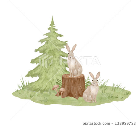 Watercolor sitting hare in forest. Isolated clipart of woodland animals. Hand drawn illustration Watercolor sitting hare in forest. Isolated clipart of woodland animals. Hand drawn illustration 138959758