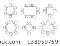 Floor plan icons set showing round table with chairs from top view for restaurant layout design, wedding seating arrangement, and event planning blueprints. 138959759