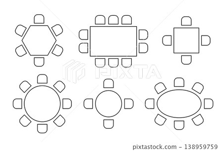 Floor plan icons set showing round table with chairs from top view for restaurant layout design, wedding seating arrangement, and event planning blueprints. Floor plan icons set showing round table with chairs from top view for restaurant layout design, wedding seating arrangement, and event planning blueprints. 138959759