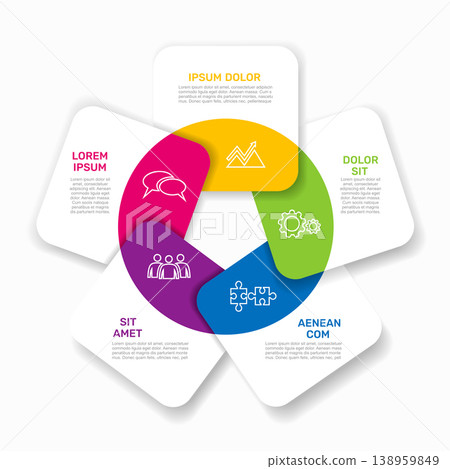 Colorful circular flower-shaped business infographic with five steps, icons, and text placeholders. Vector illustration. Colorful circular flower-shaped business infographic with five steps, icons, and text placeholders. Vector illustration. 138959849