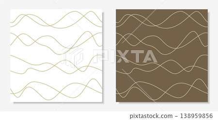 Set of two seamless minimalist patterns of wavy thin lines in earthy brown and olive tones. Vector illustration. Set of two seamless minimalist patterns of wavy thin lines in earthy brown and olive tones. Vector illustration. 138959856