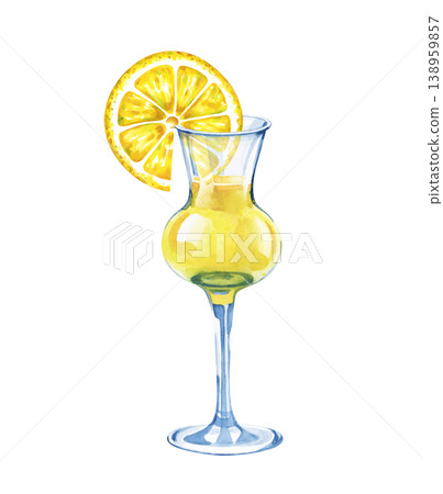 Hand-painted Limoncello liqueur in a glass with a yellow slice of lemon. Watercolor illustration on an isolated background. Hand-painted Limoncello liqueur in a glass with a yellow slice of lemon. Watercolor illustration on an isolated background. 138959857