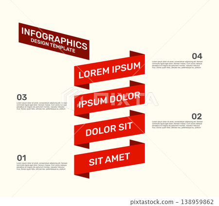Infographic design template with red folded ribbon banners, four numbered steps, and placeholder text. Vector illustration. Infographic design template with red folded ribbon banners, four numbered steps, and placeholder text. Vector illustration. 138959862