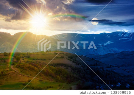 day meet night. mountainous countryside scenery. epic sky view above the valley. sun and moon over green fields and trees on the hills. nature scenery of carpathian mountains. harmony concept day meet night. mountainous countryside scenery. epic sky view above the valley. sun and moon over green fields and trees on the hills. nature scenery of carpathian mountains. harmony concept 138959936