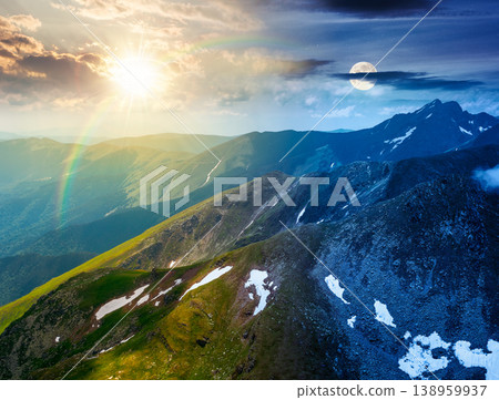 day meet night. mountain scenery on summer solstice. sun and moon over gorgeous mountainous landscape. background with rocky cliffs and grassy hillsides under a epic sky. ridge of southern mountains day meet night. mountain scenery on summer solstice. sun and moon over gorgeous mountainous landscape. background with rocky cliffs and grassy hillsides under a epic sky. ridge of southern mountains 138959937