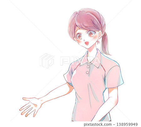 A woman in a polo shirt extends her hand; she is a caregiver or helper, smiling and offering support. A woman in a polo shirt extends her hand; she is a caregiver or helper, smiling and offering support. 138959949