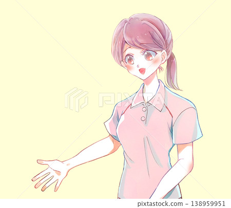 A woman in a polo shirt extends her hand; she is a caregiver or helper, smiling and offering support. 138959951