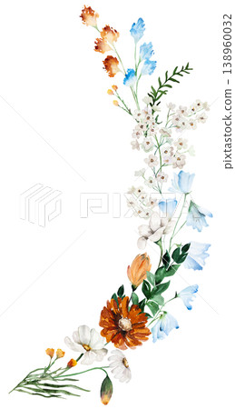 Watercolor bouquet with blue, ivory and orange wildflowers, rustic isolated illustration for stationery 138960032