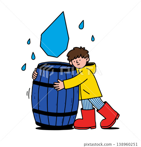 Boy in Rain Gear Hugging a Barrel 138960251